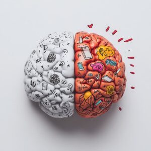 Stylized split brain model featuring contrasting designs left hemisphere i white black line drawings symbolizing 373283545
