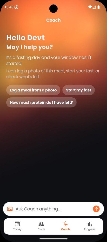 Limotein Coach welcome on a fasting day, with shortcuts to log a photo, start a fast, or check protein