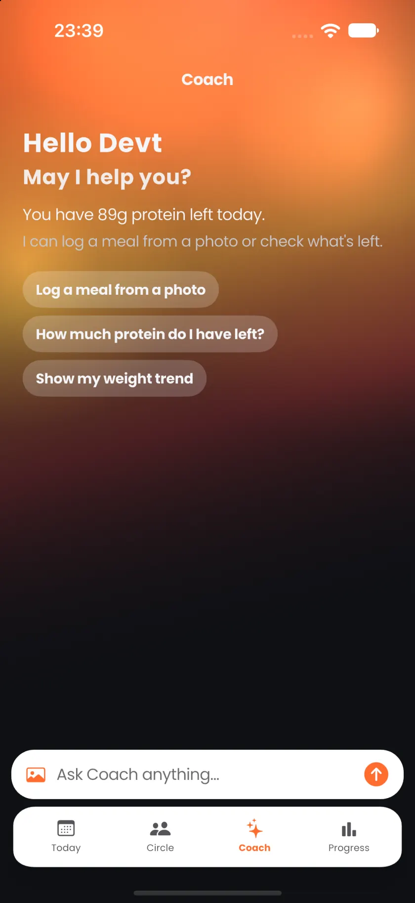 Limotein Coach greeting with protein left today, and shortcuts to log a photo, check protein, or see the weight trend