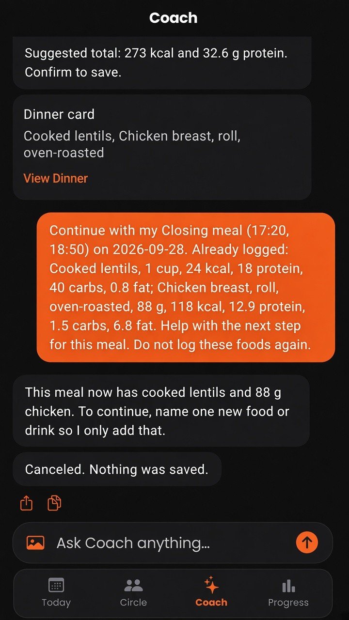 Limotein Coach chat in English confirming meal macros before save