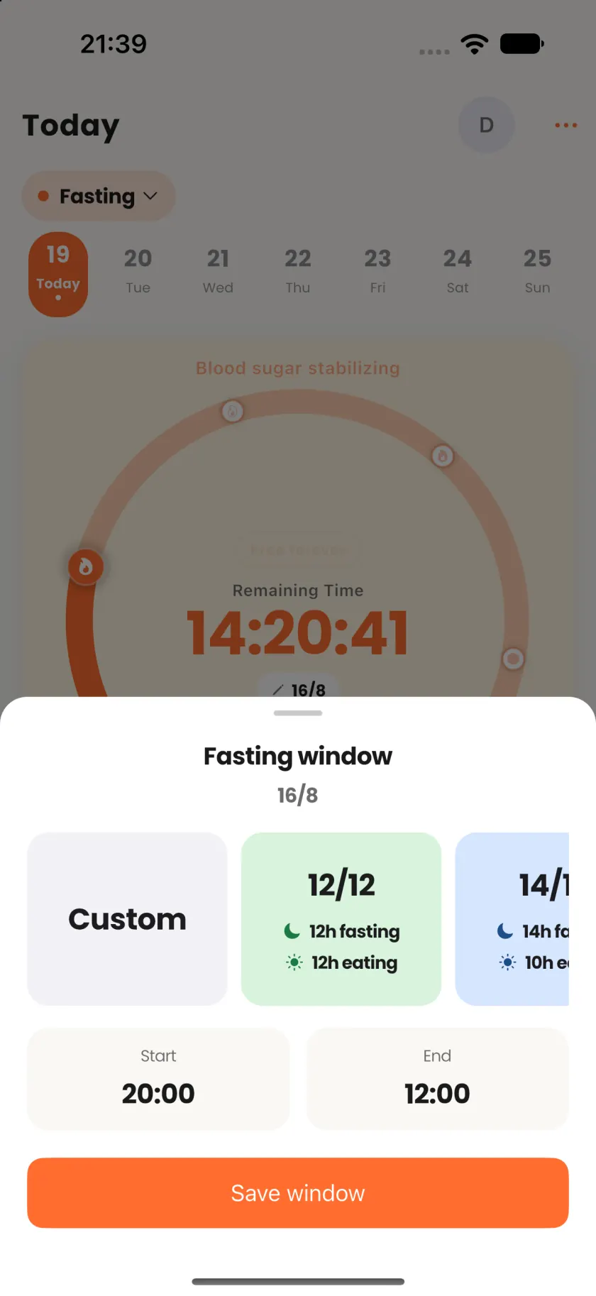 Fasting window picker on a 16/8 day, with 12/12 selected