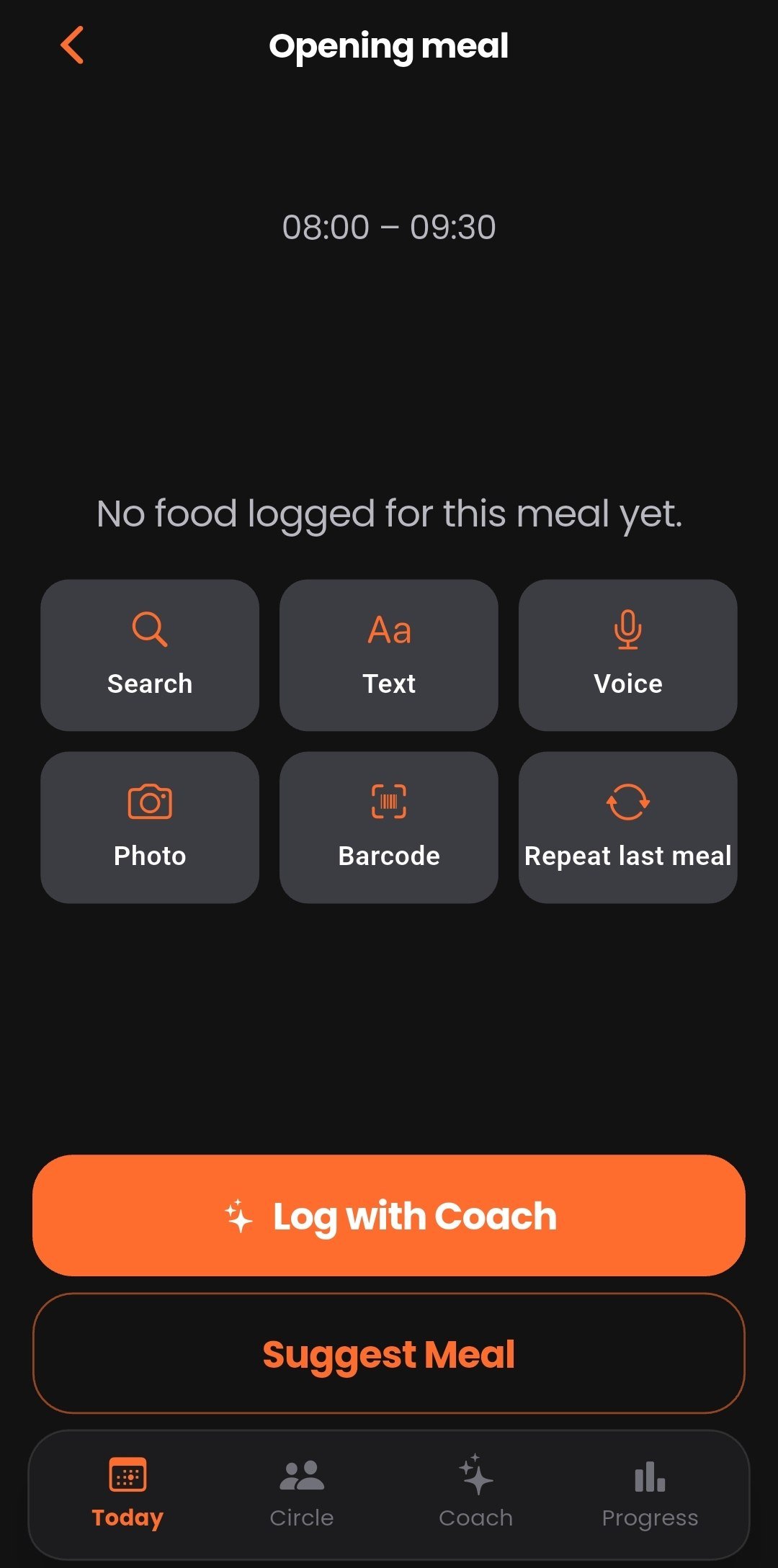 Eight meal logging options including Suggest Meal and Log with Coach