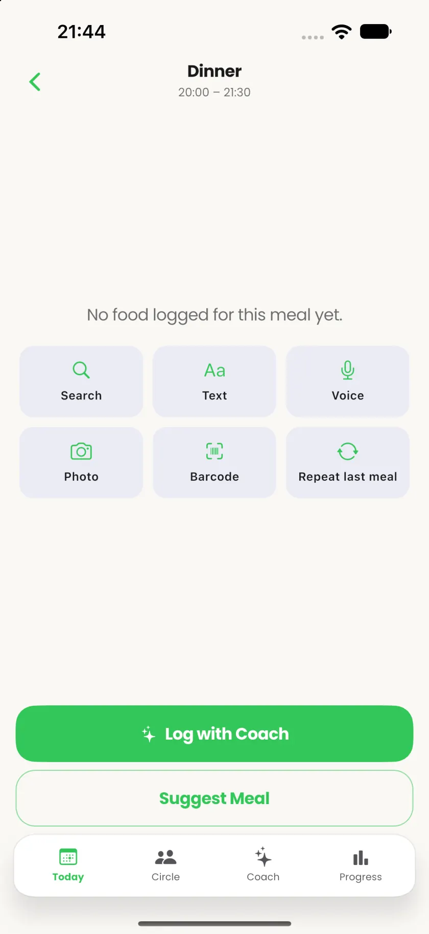 Dinner log with Search, Text, Voice, Photo, Barcode, Repeat last meal, Log with Coach, and Suggest Meal